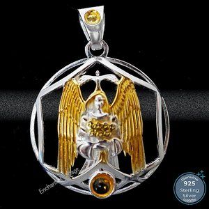 🌠 GABRIEL ARCHANGEL Sterling Silver 925 Gold Plated  2 CITRINES PENDANT JEWELRY